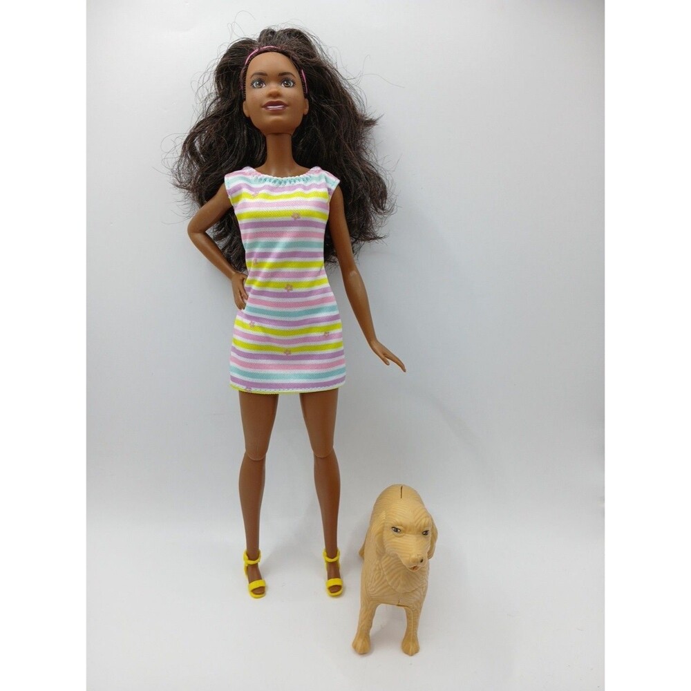 Barbie Doll Newborn Pups Doll & 1 Dog Articulated Striped Dress & Yellow Sandals